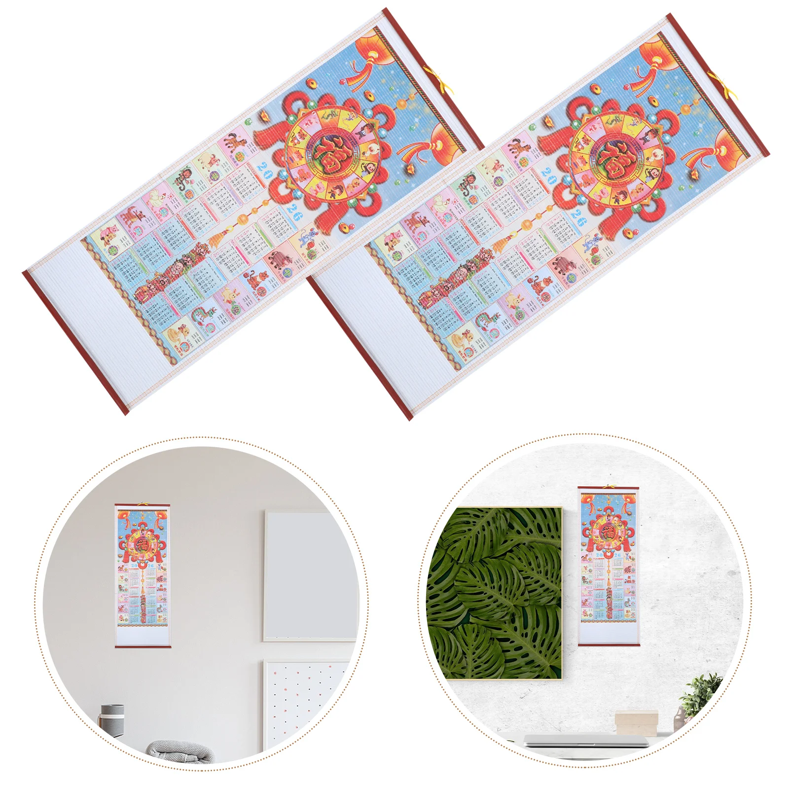 

2pcs 2026 Chinese Scroll Year Of The Horse Imitation Rattan Hanging Lunar Feng Shui Decorative Wall Art Zodiac Monthly Planner