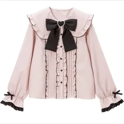 Japanese Bow Tie White Shirt Girls Japanese Long Sleeve Kawaii Clothing Ruffle Trim Student Doll Shirt Design Shirts Blouses