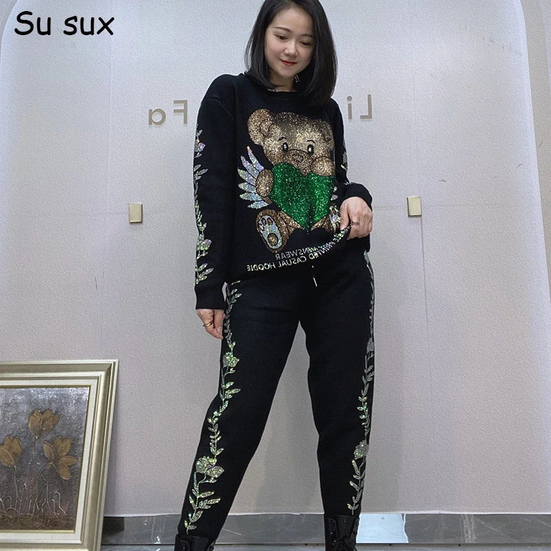 Casual Knitted 2 Piece Sets Women Outfit Sequins Bear O Neck Long Sleeve Top and Pencil Pant Sets Tracksuit Streetwear 2024