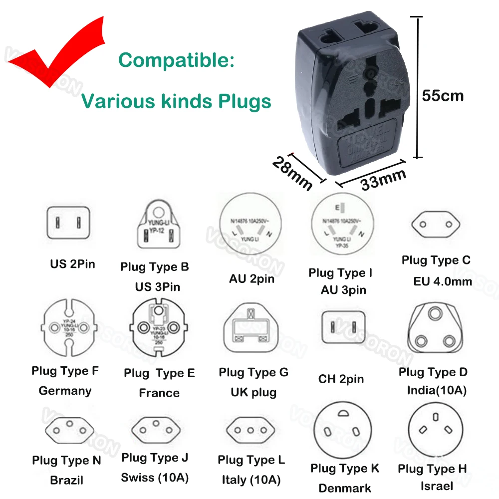 Wholesale Black 250V 15A copper Universal US UK AU SWISS ITALY EU to India Israel Nepal Power Plug Adapter Type M