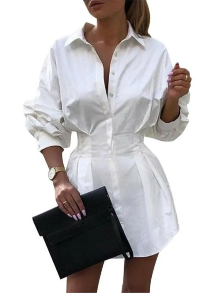 Bonito vestido camisero de estilo nuevo de primavera para mujer, camisa decorativa con botones en la cintura de Color sólido, vestido informal elegante para ir al trabajo en la oficina