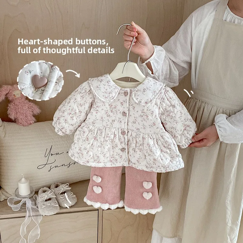 Girls' Floral Cotton Clothing 0-5 Years Old Winter Ins Baby Girls' Stylish Cotton Jacket, Children's Thick Cotton Clothing