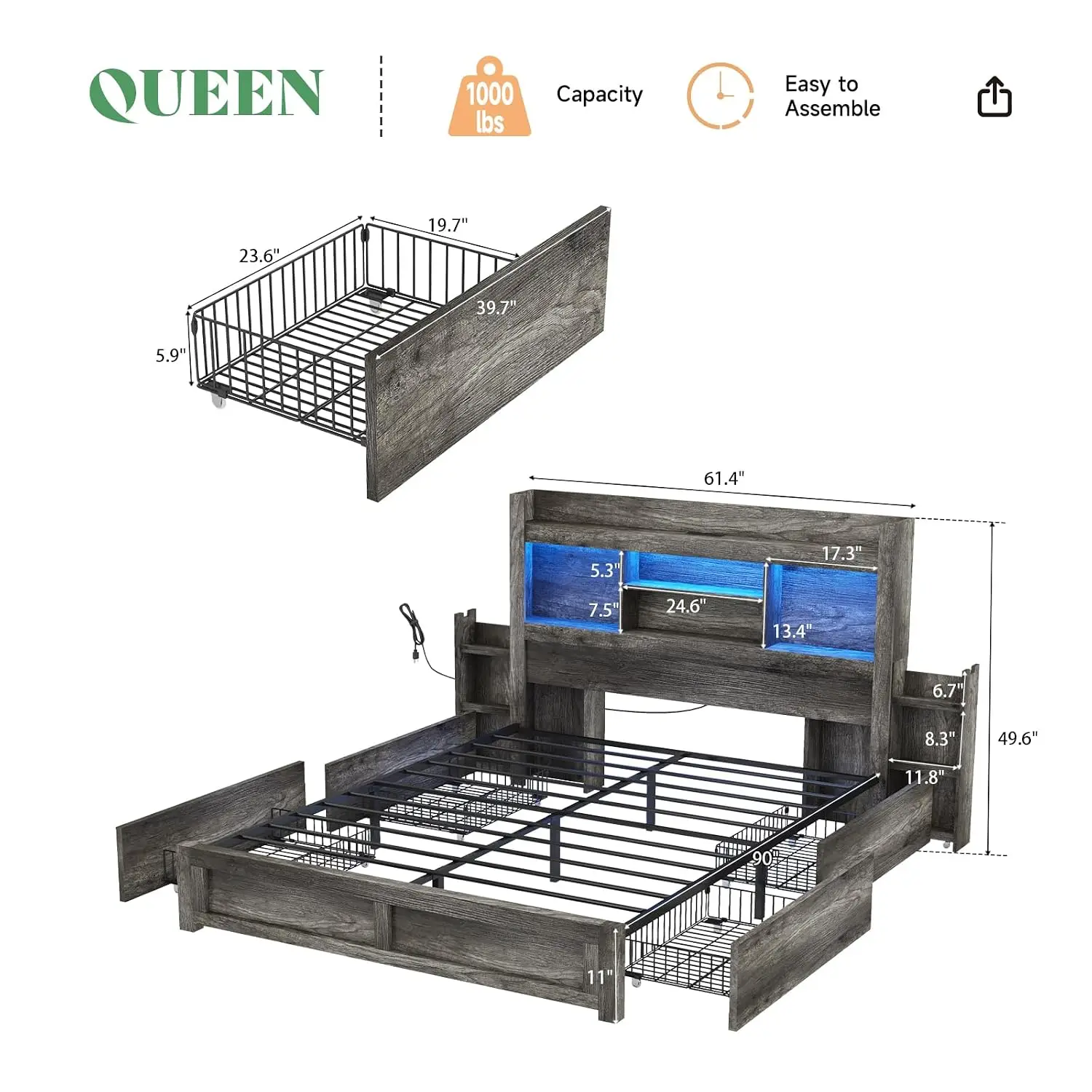 Queen Bed Frame with Bookcase Headboard & Storage, 49.6