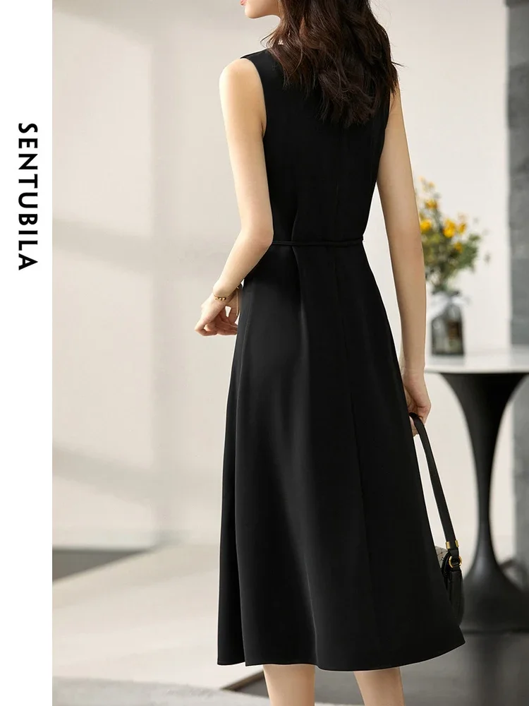 SENTUBILA Elegante Lace-up Zomerjurken Voor Vrouwen 2025, Koreaanse Mode V-hals Zijsplit Tank Mouwloze Midi-jurk 123L42826