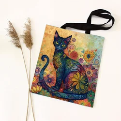 Whimsical Chic Black Cat Canvas Tote Bag -Perfect Gift for Halloween, Thanksgiving, Christmas, and Cat Lovers
