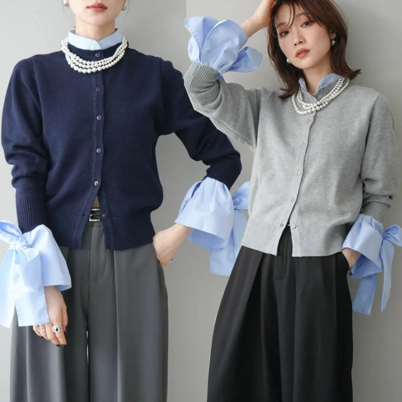 

2026 Spring Butterfly Knot Splice Sweater Women's Korean Elegant Fake Two-Piece Long Sleeve Knitted Cardigan Mujer Knitwear Tops