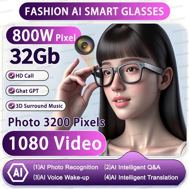 

Умные очки с искусственным интеллектом, запись видео, распознавание и перевод фотографий с искусственным интеллектом, 290 мАч, большая батарея, IP65, водонепроницаемые Bluetooth-очки