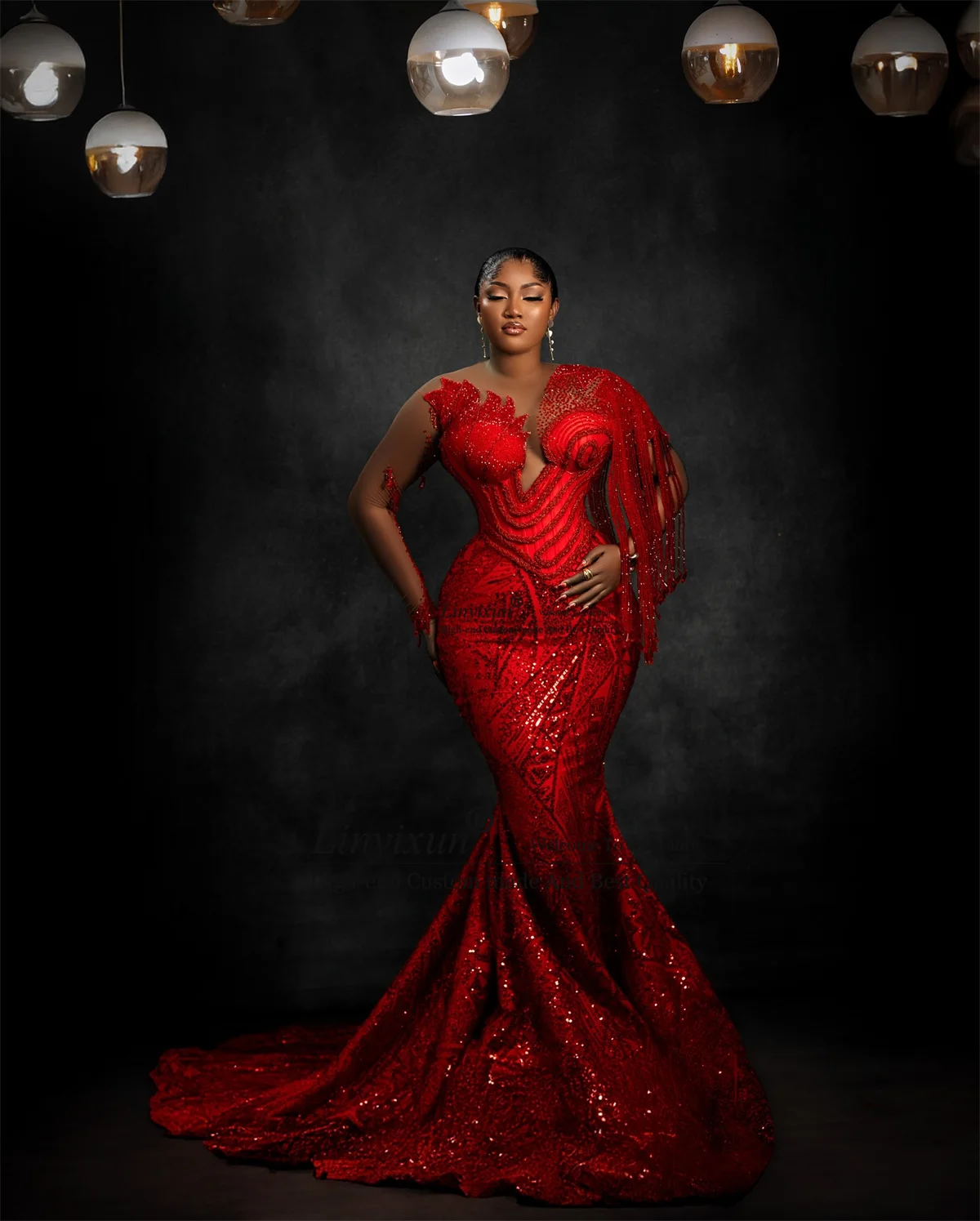 Sparkly Pailletten Spitze Perlen Meerjungfrau Abendkleid Angepasst Lange Ärmel Hochzeit Party Abendkleid Aso Ebi Schwarz Mädchen Robe De Soiree