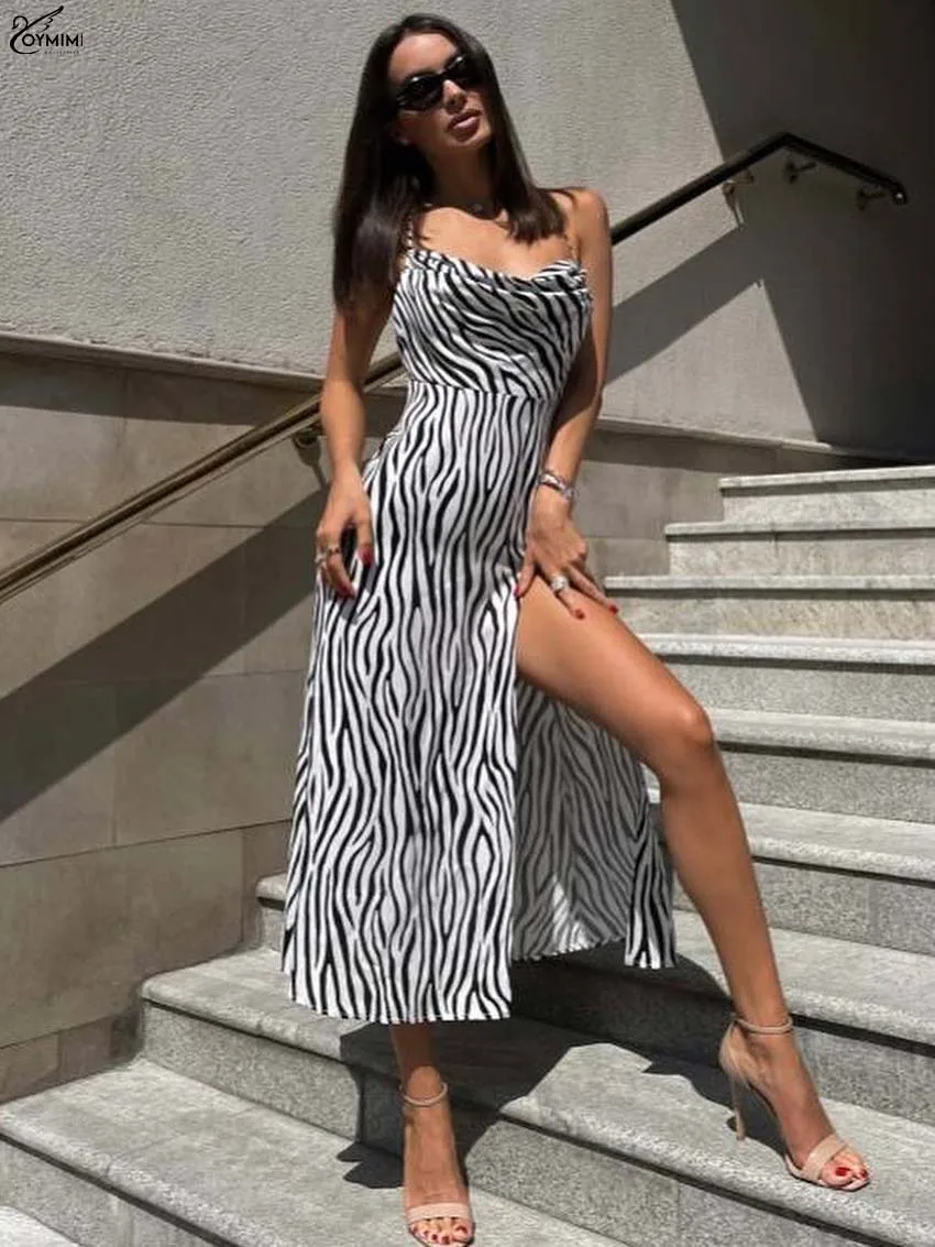 

Oymimi Fashion White Print Womens Dresses Elegant Spaghetti Strap Open Back Lace-Up Dresses Autumn New Side Slit Mid-Calf Dress