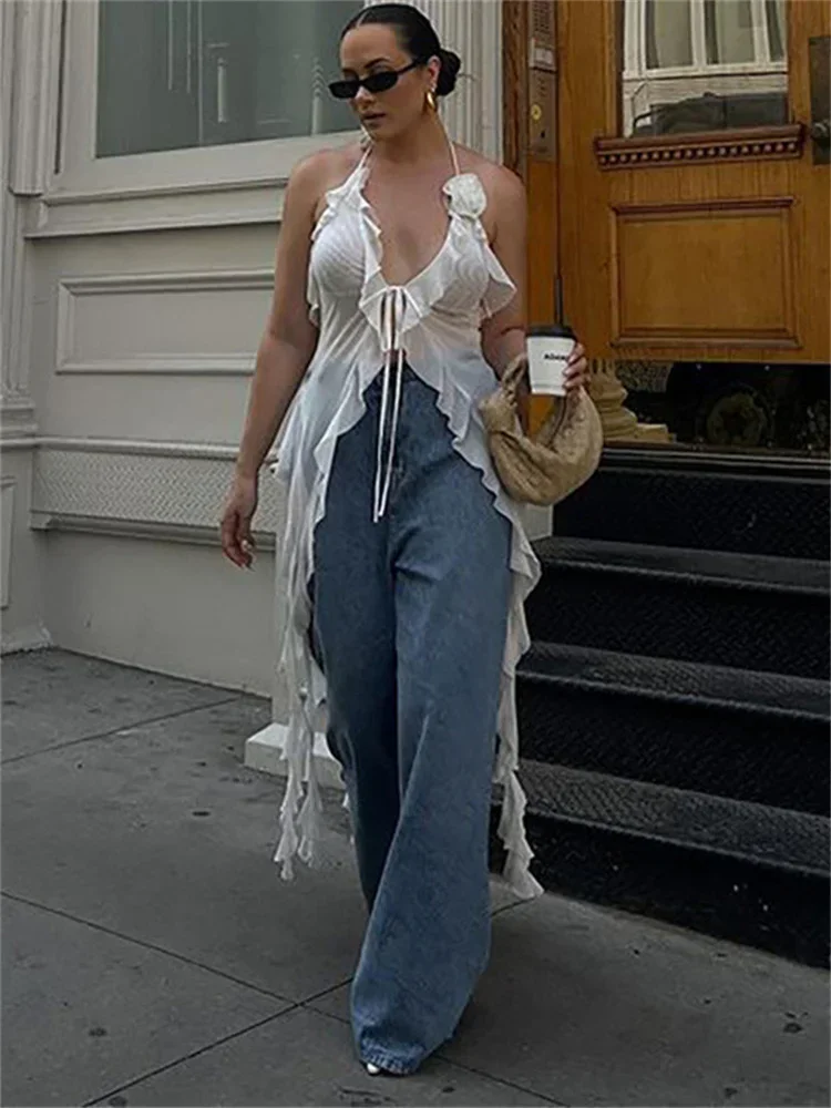 

Ruffled Mesh Lace-Up Crop top Vest For Women Halter Floral Bandage Solid Sexy Fashion Slim Summer Bandage Y2k Top 2024