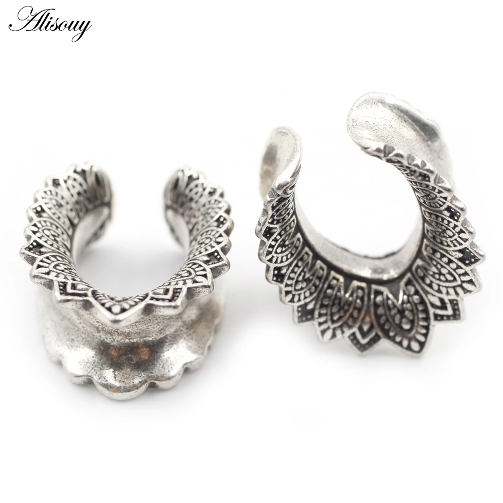 Alisouy 1PC 8-25mm Copper Flower Leaf U-shaped Saddle Ear Tunnel Plugs Expander Stretcher Gauges Earrings Piercing Body Jewelry