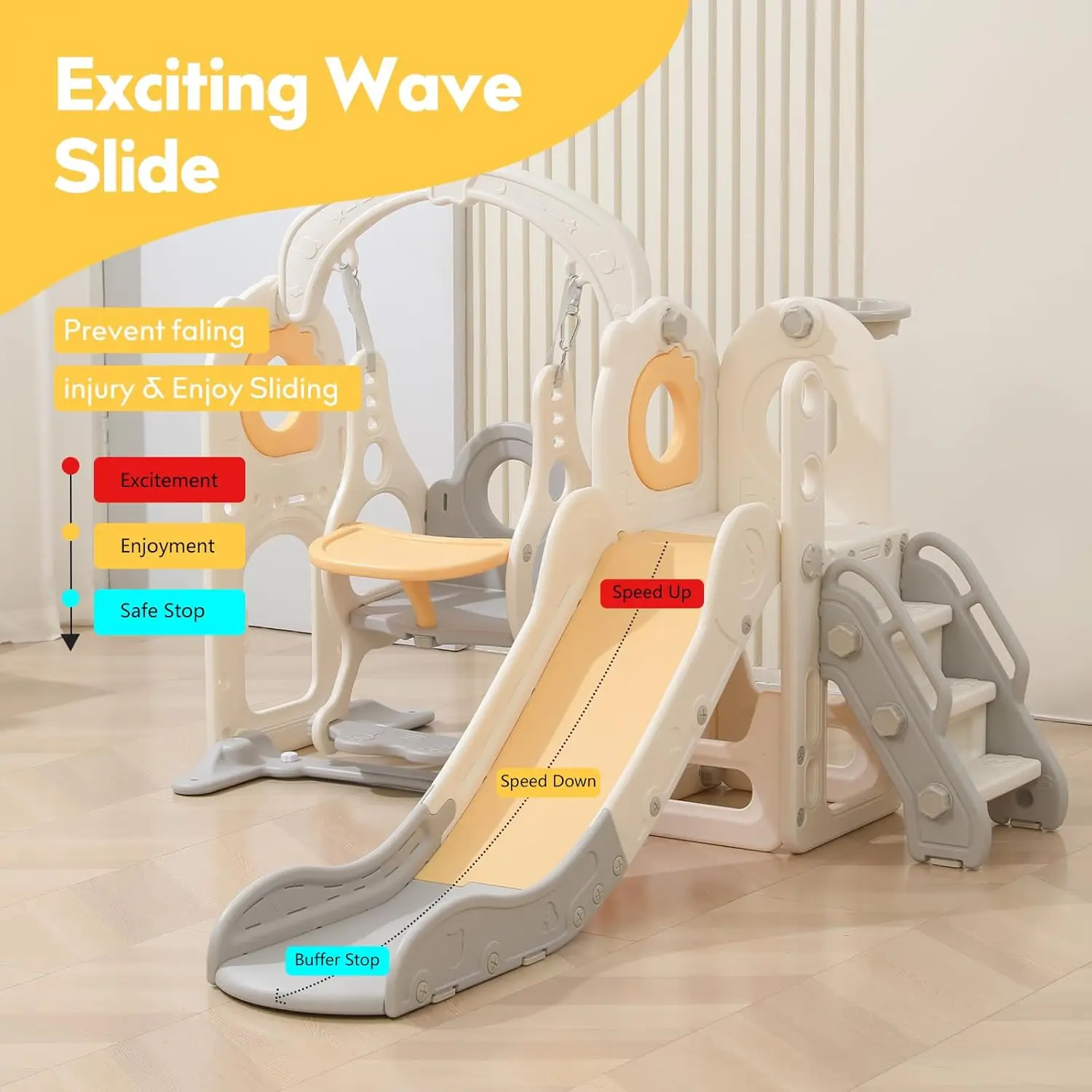 Scivolo per bambini indipendente con set altalena, scivolo da interno per bambini 6 in 1 per bambini 1-3, scivolo a forma di L con canestro da basket, baby sl
