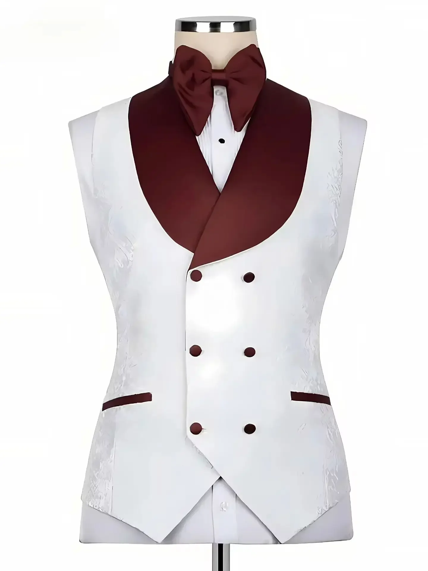 White Jacquard Formal Men Suits red Collar Three Pieces Evening Party Blazer Groom Wear ( Jacket+Vest+Pants )