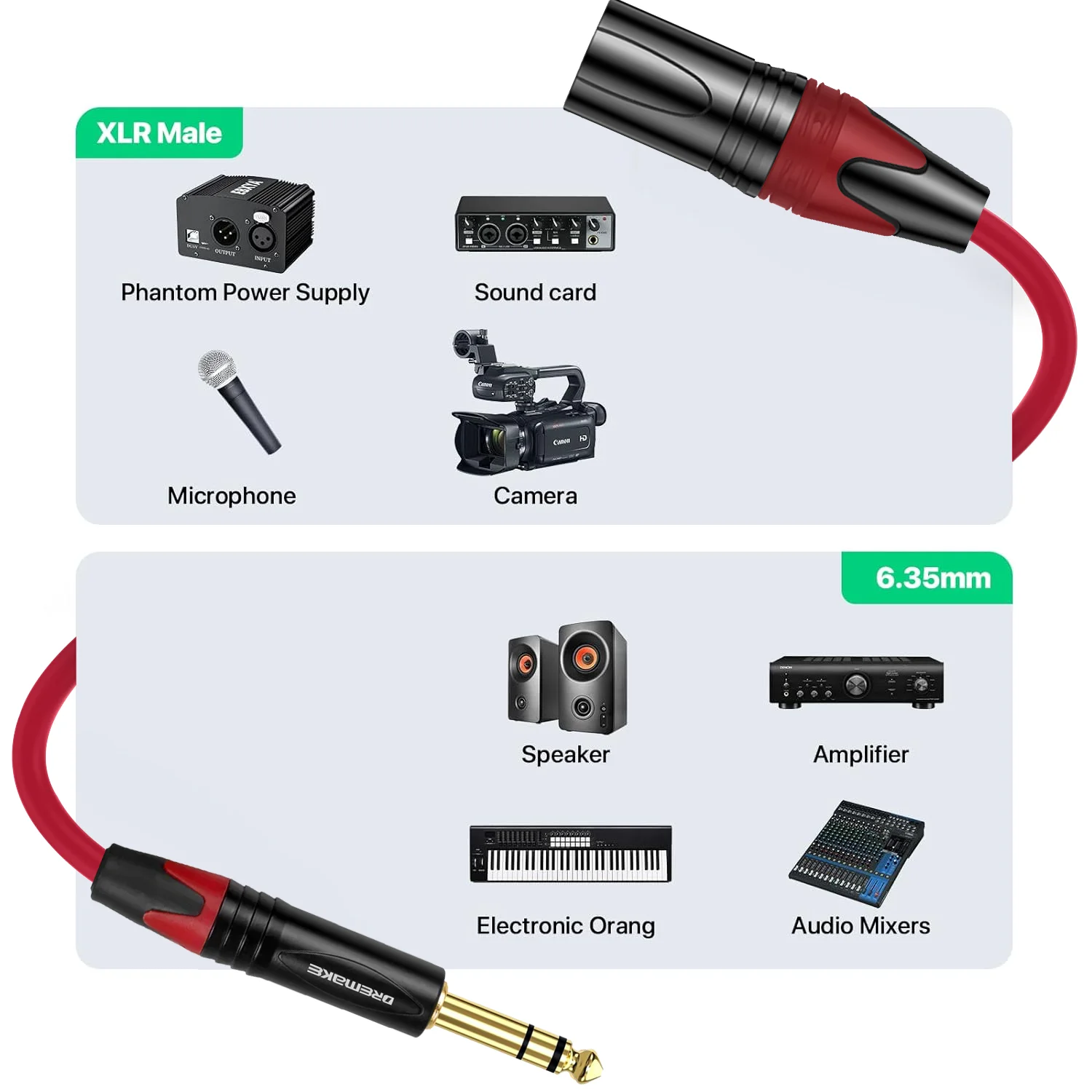 DREMAKE XLR to 1/4 Inch TRS Mic Audio Cable XLR 3-Pin Male to Quarter Inch 6.35mm/6.5mm TRS Male Balanced Cord for Effect Pedal