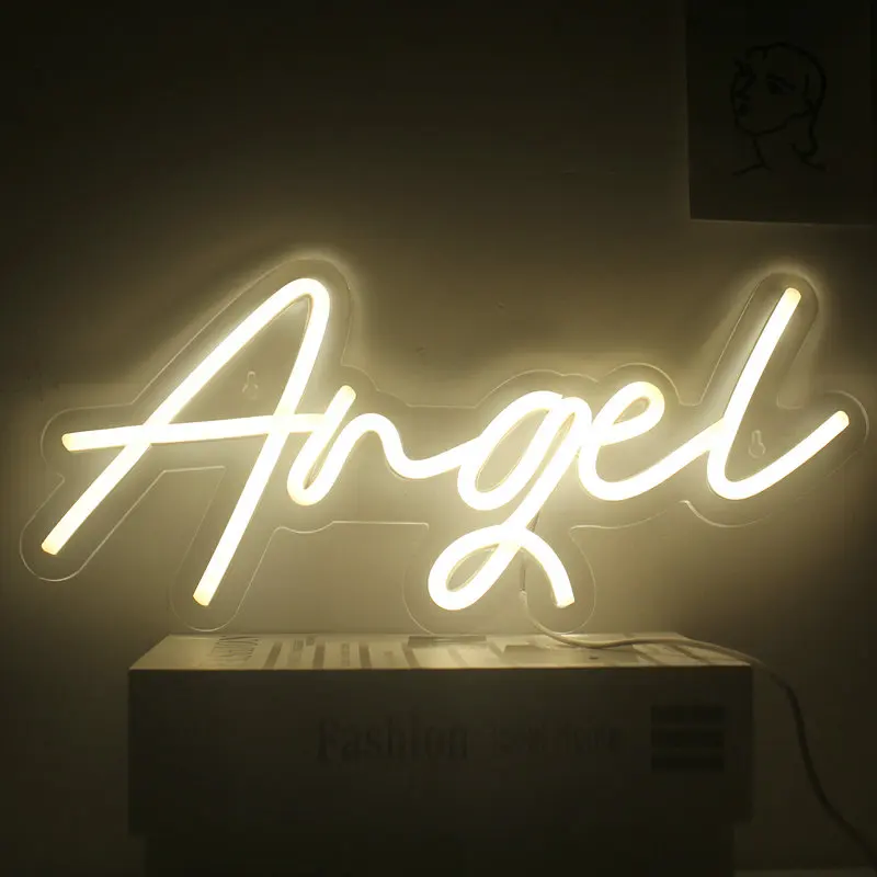 Angel Neon Letter Zucht Warme Led Lights Home Bars Slaapkamer Bruiloft Festival Verjaardagsfeestje Kamer Decoratie Usb Wandlamp Logo