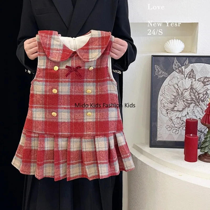 Girls' Wool-Blend Waistcoat Dress Set Winter New Arrival Children's New Year Greeting Attire Fleece-Lined Tartan Pleated Skirt