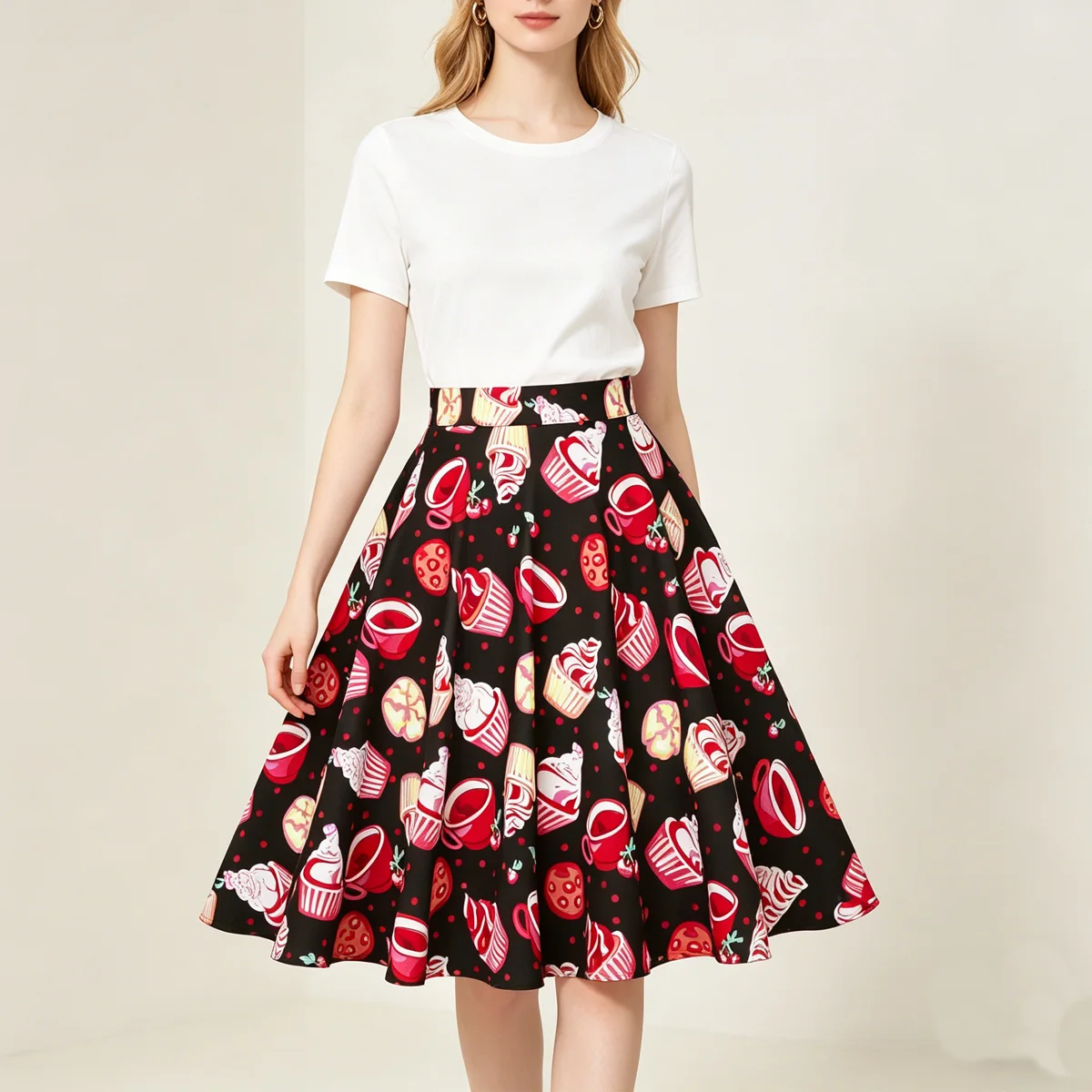 SISHION Summer Ice Cream Printed A Line Swing Vintage Skirts VD0020 Kawaii Knee Length Falda Women Summer Printed Cotton Skirt