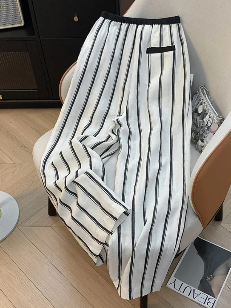 الكورية Sle فريدة من نوعها جميلة الكتان سروال مخطط المرأة الصيف حزام عالية الخصر ثنى مستقيم الساق القطن الكتان عادية واسعة Le...