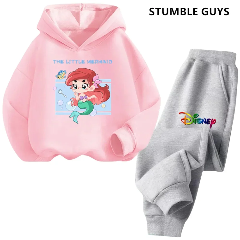 Disney The Little Mermaid Hoodie Set Girls Cartoon 3-14 Years Old Kawaii Street Casual Kids Sweatshirt Children\'s Trucksuit