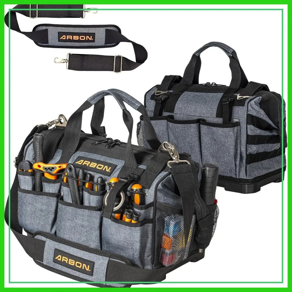 

Heavy Duty Tool Bag with 34 Pockets, Large Capacity, 5-Layer Reinforced, Metal Frame, Water Resistant, Grey