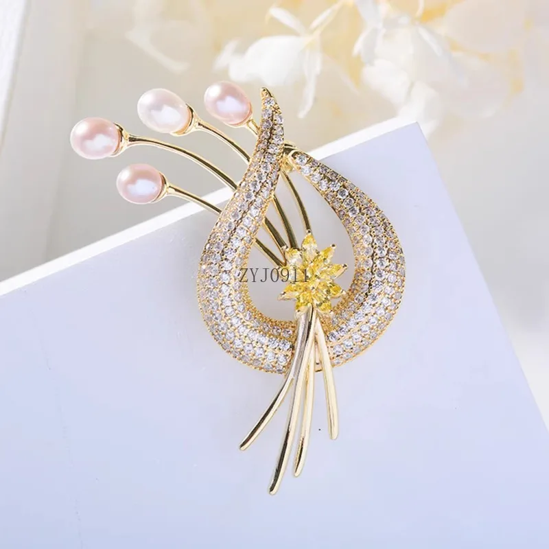 Брошь с пресноводным жемчугом, брошь с цирконом, элегантная брошь с темпераментом, модная булавка для костюма для пальто