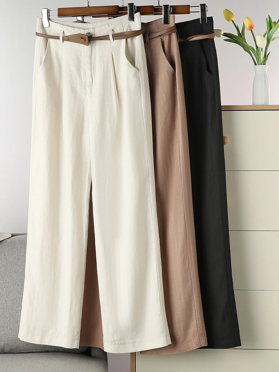 SuyaDream-Pantalones largos de pierna ancha para mujer, pantalón largo de mezcla de lino con cinturón, cintura completa, primavera y verano, 2023