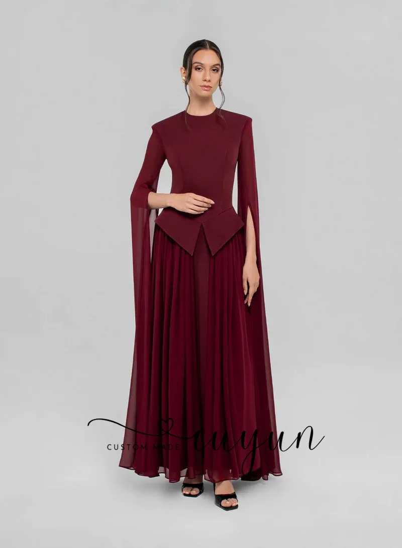 CUYUN Maßgeschneidertes Damen-Abendkleid mit Cape-Ärmeln, Chiffon und Jersey-Abschlussballkleid, formelles Dinner-Partykleid, elegante burgunderrote Kleider