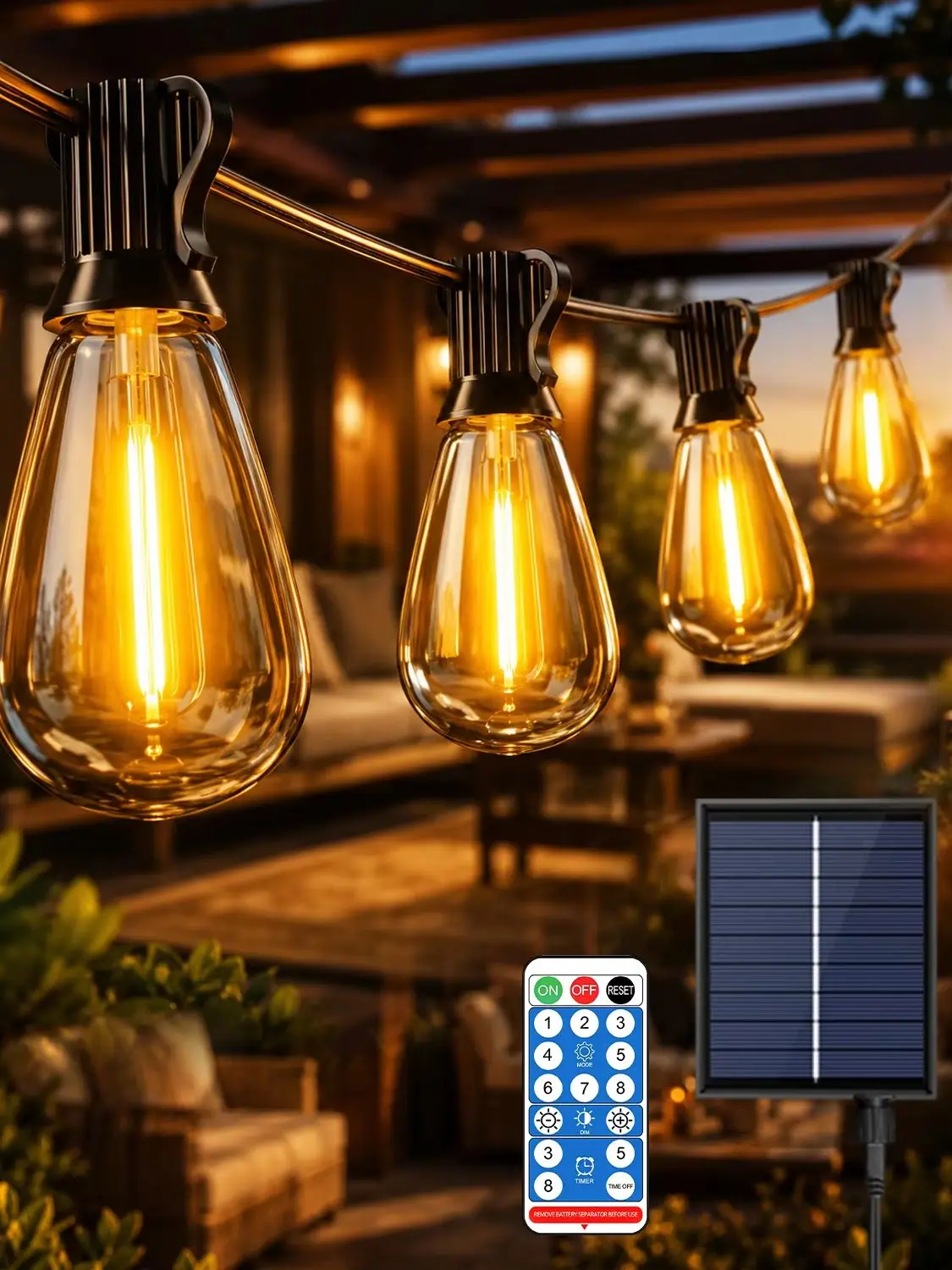 Aiopp ST38 Solar-Lichterkette für den Außenbereich mit Haken, automatisches Ein-/Ausschalten, Tageslichtaufladung, bruchsichere Glühbirnen, Hängelampen für Garten, Hochzeit, Camping