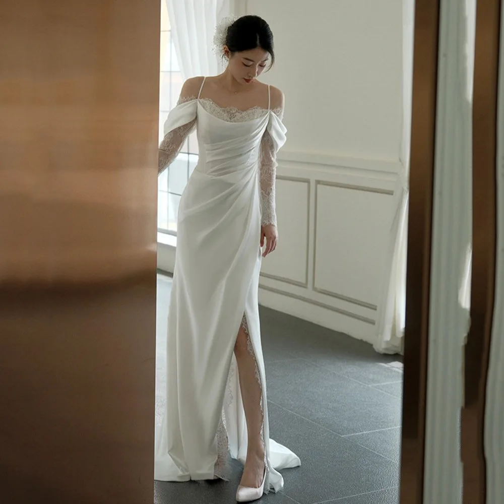 PJN 2025 NEW Long Sleeve Wedding Party Dress Bride White Satin Lace Snapshot Dresses Women Formal Cocktail Long Evening Dress