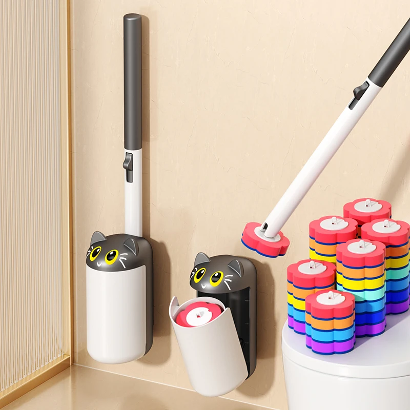 1 Set niedlicher Cartoon-Katzen-Einweg-Toilettenbürsten, kann als stehende oder wandmontierte Reinigungsbürste verwendet werden, wird mit einem Ersatzbürstenkopf mit antibakterieller