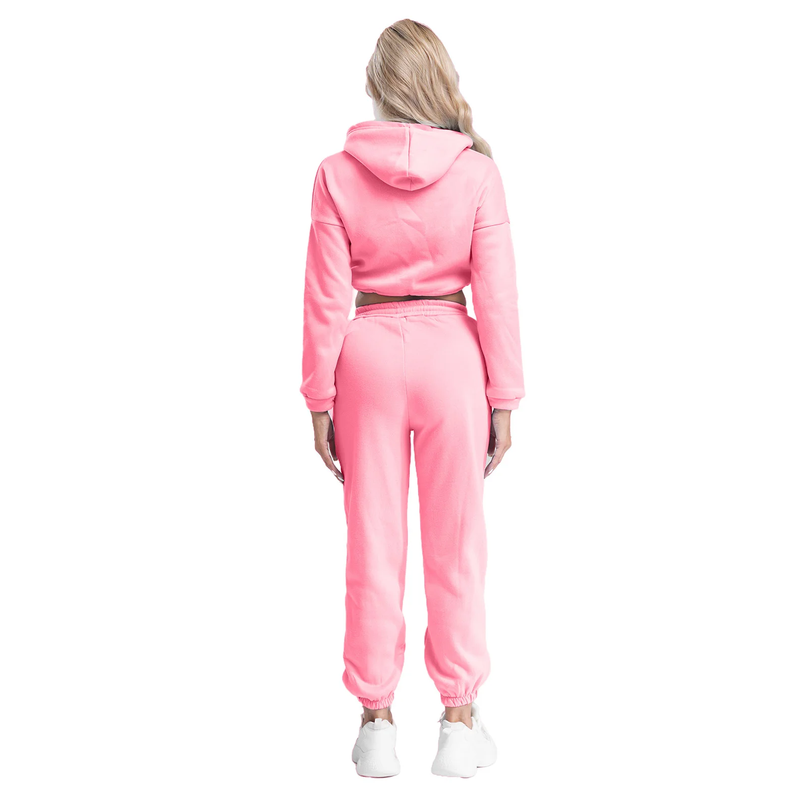 Womens Solid Color Tracksuit Fleece-Lined Long Sleeve Drawstring Hem Cropped Hoodie with High Waist Sweatpants Casual Sportswear