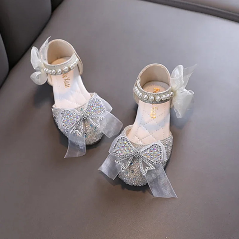 Children\'s Sandals Sweet Rhinestone Bowtie Princess Shoes for Girls Summer Fashion Elegant Pearl Kids Causal Dress Flat Sandals