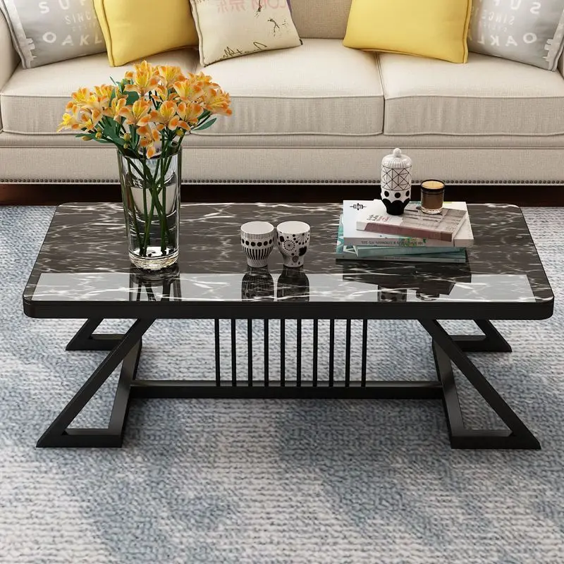 Nordic Modern Tempered Glass Top Furniture Marble Texture Center Table Minimalist Sofa Table with FrameSturdy Home Furniture