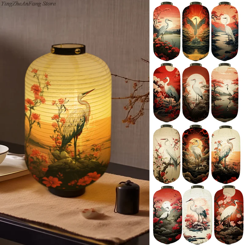 Oriental Style Cloth Lantern Japanese Ukiyo-e Traditional Crane Printed Lantern Izakaya Restaurant Cuisine Wedding Party Decor