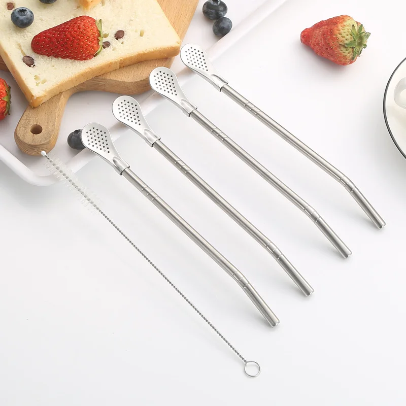 304 Stainless Steel Straw Spoon, Coffee Stirring Spoon, Dual-purpose Straw Filter Spoon, Brush, Milk Tea, Juice, Madai Tea Spoon