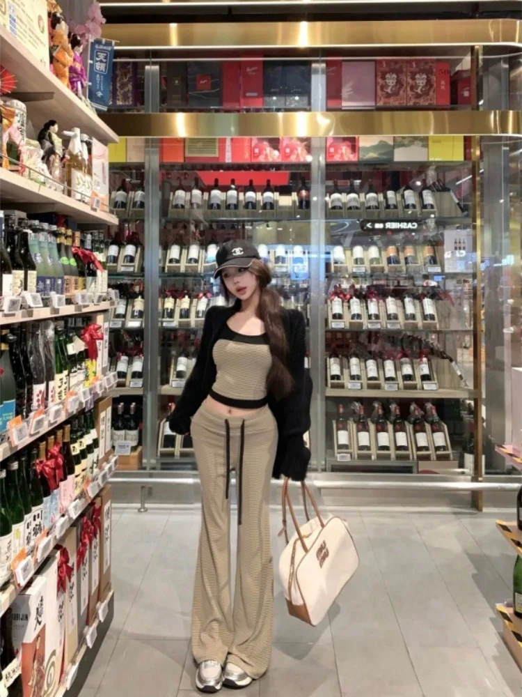 Senhoras casual sle coreano listrado camisola conjunto confortável v-ne longo sve calças de cintura alta faionable início do outono wear