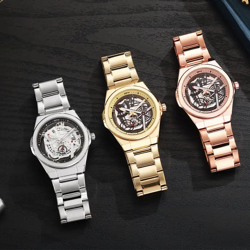 Men's Trendy Luminous Wristwatch with Hollow-Out Transparent Calendar European American Fashion Business Steel Strap Wristwatch