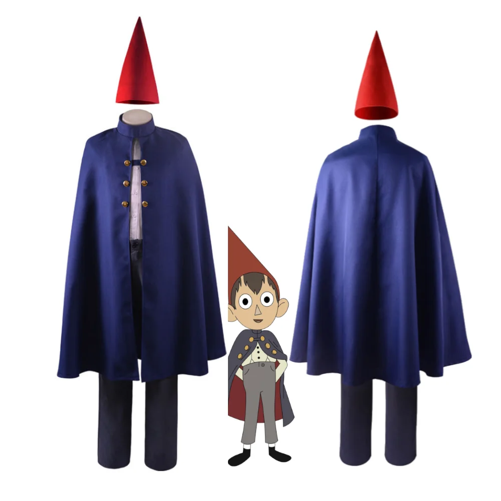 

Wirt Cosplay Costume Over the Garden Wall Outfit for Men Red Pointed Hat Navy Blue Cape Halloween Gothic Party Carnival Uniform