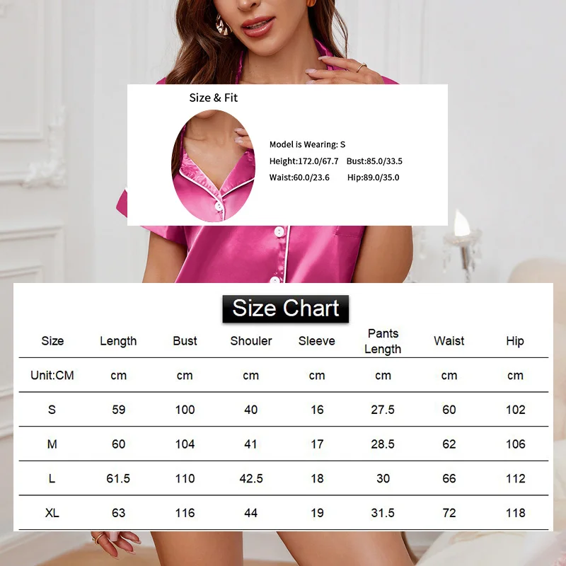 Women\'s Satin Pajama Set Summer Sleepwear Loungewear Short Sleeve Lapel Top & Shorts Pyjamas Button Home Clothes Pajamas Pjs Set