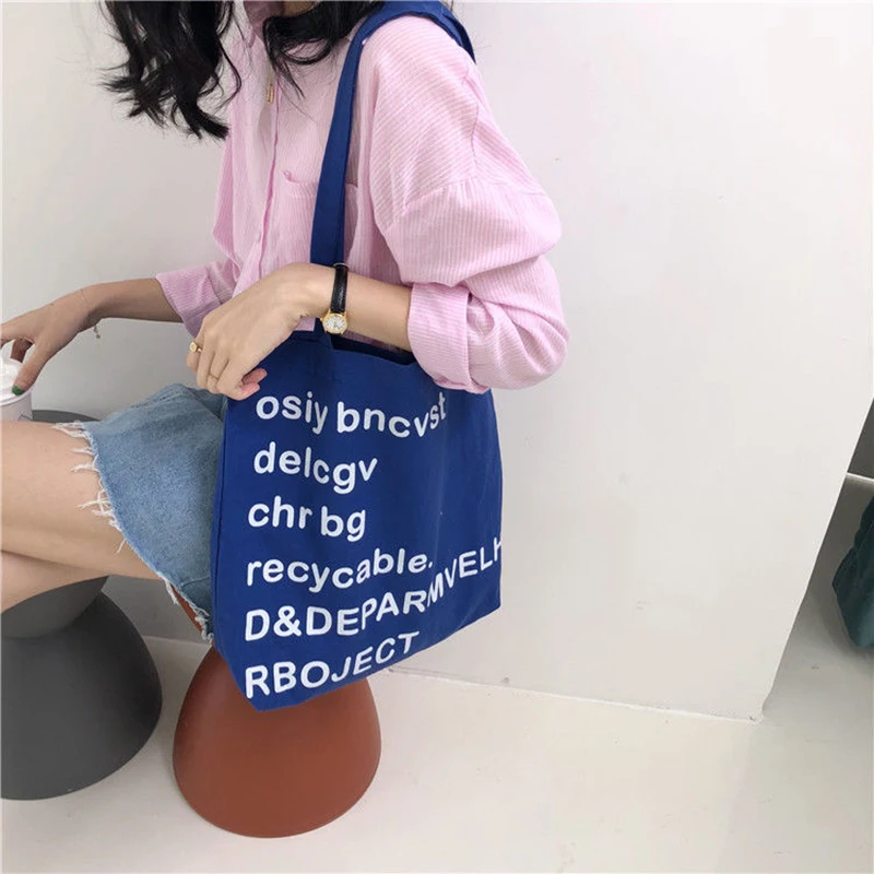 Bolso de lona para mujer, bolsa de mano con letras azules, informal, de gran capacidad, reutilizable