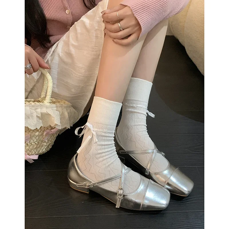 Medium Heeled Mary Jane Single Shoes 2024 New Women Retro Thick Heeled Ballet Shoes Cross Buckle Shallow Soft Sole Shoes