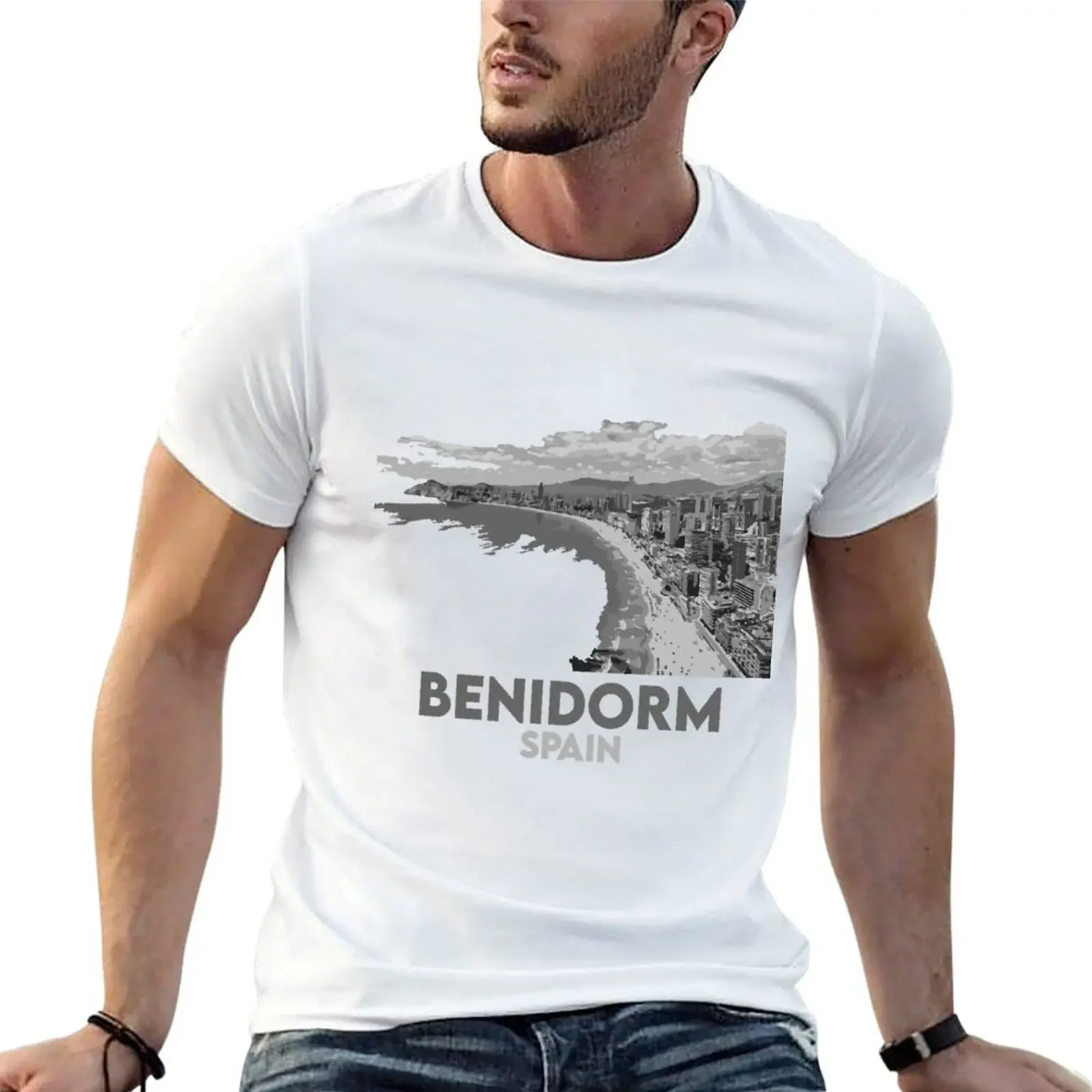 Benidorm - Beach - Spain - Black and White T-Shirt graphic shirts aesthetic clothes anime oversized t shirt men