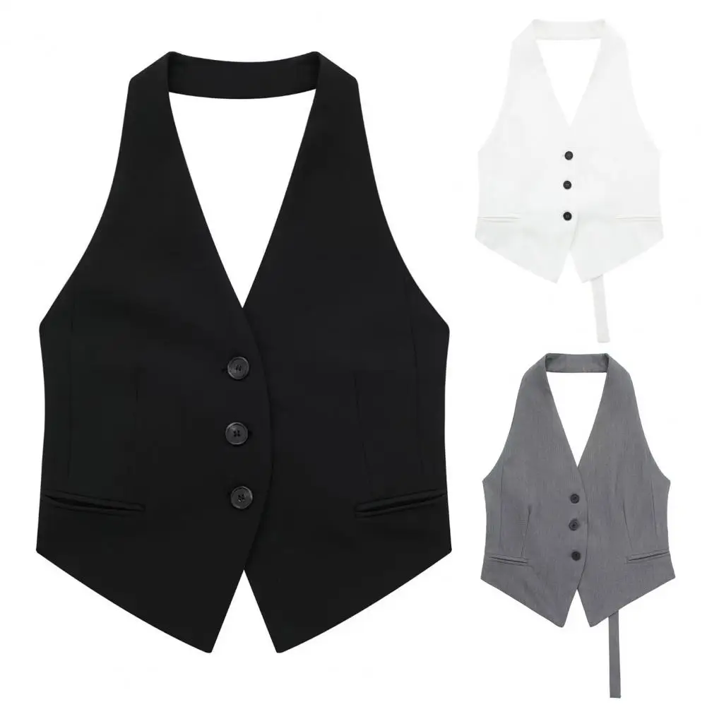 

Summer Women Vest Halter Neck Sleeveless Pure Color Pockets Cardigan Tops OL Commute Style Outerwear Formal Business Waistcoat