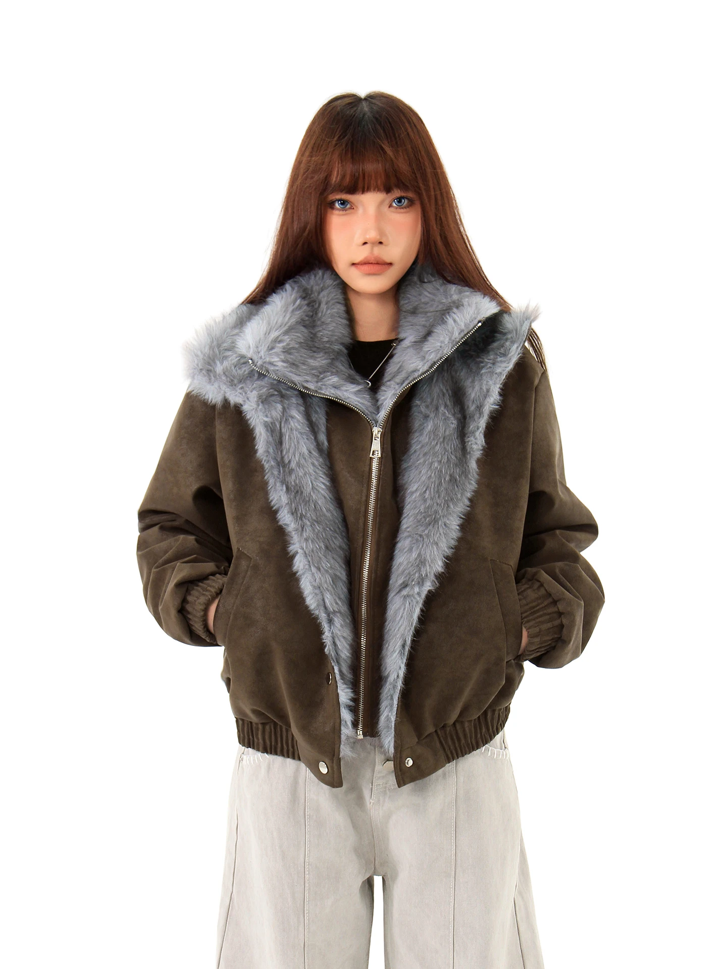 

Hygge Chen двухслойный меховой воротник из искусственной кожи, хлопковая куртка, теплое зимнее пальто, уличное пальто, свободная посадка, полиэфирная ткань