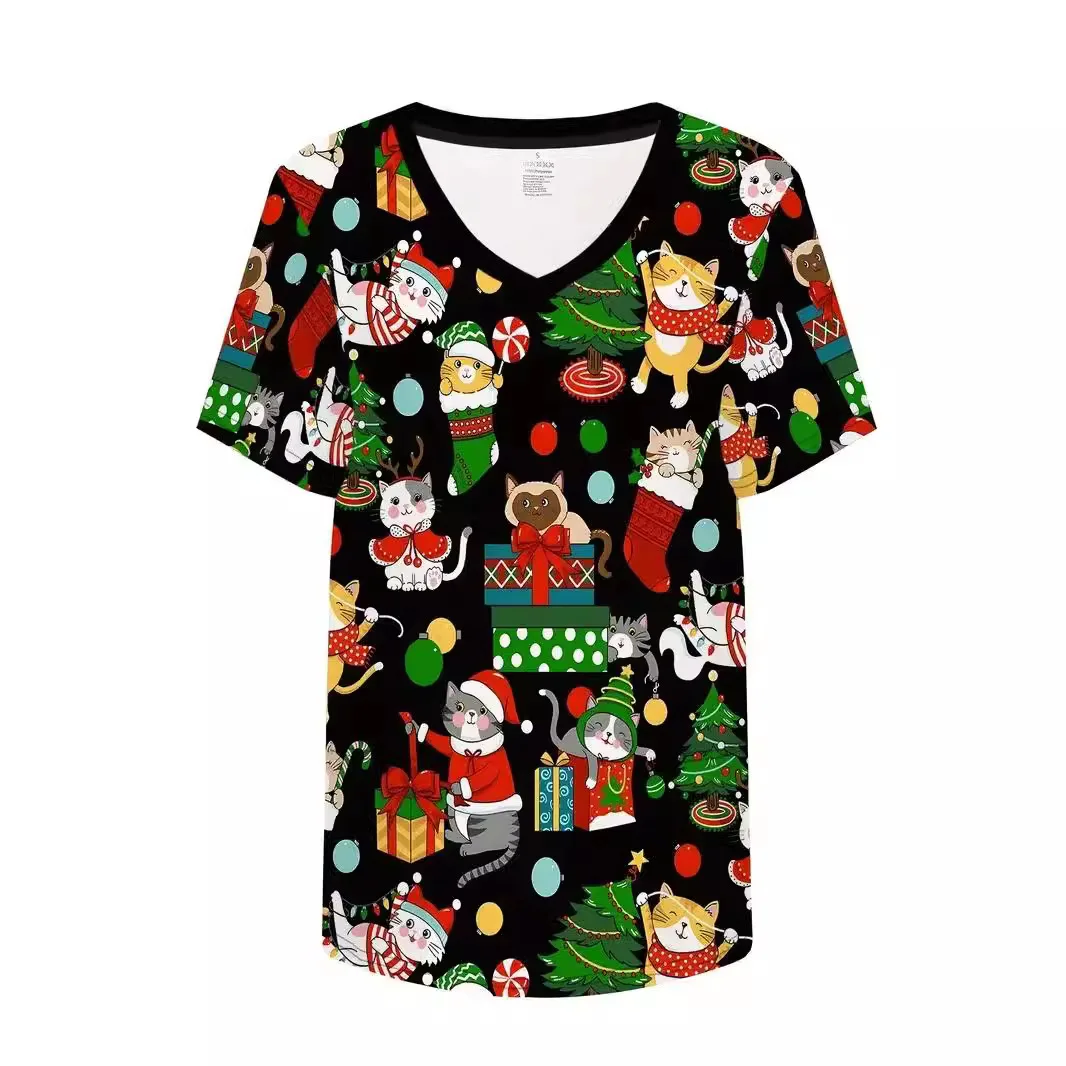 Ladies' casual shoulder short sleeved V-neck slim fit T-shirt protective suit cartoon cute Christmas kitten 3D digital printing