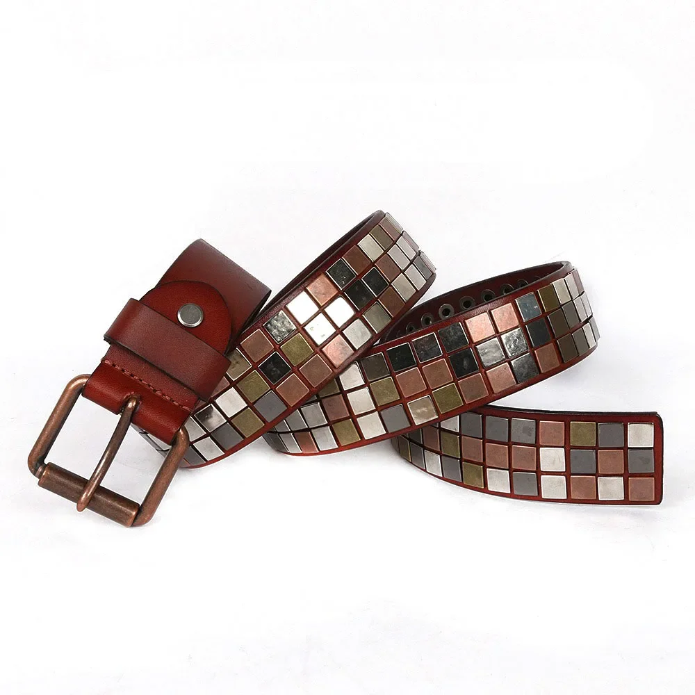New Style Genuine Leathe  Belt with Square Ornament Rivets Design Cowhide Fashion Leather