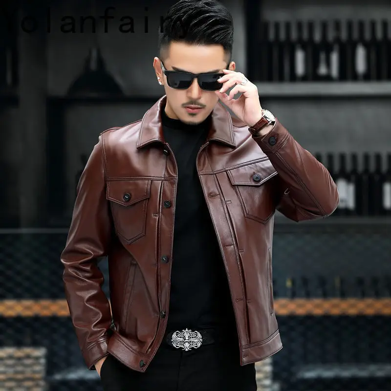 YOLANFAIRY Genuine Leather Cowhide Men's Clothing Spring Summer Short Coats Lapel Motorcycle Jacket Sizes M-5XL Casaco Masculino