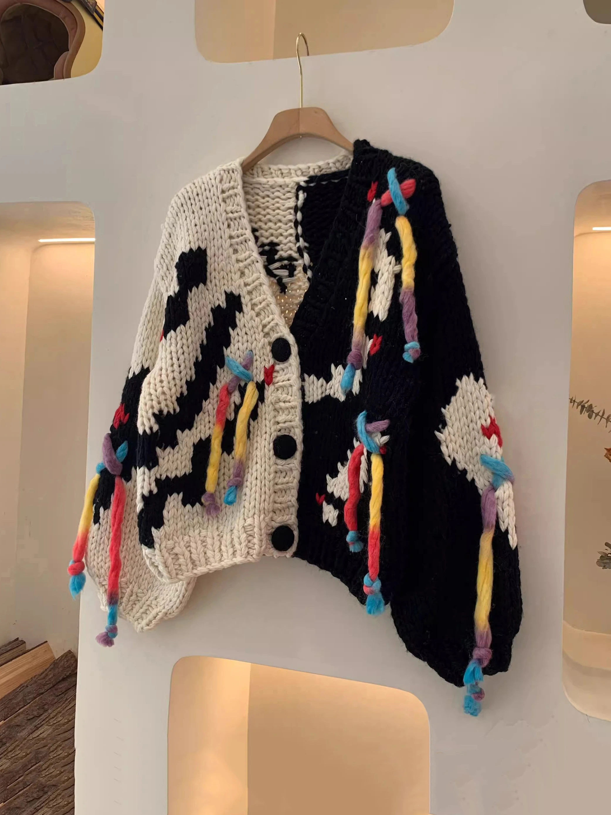 Women Multi Color Tassels Chunky Cardigan 2024 Autumn Winter Handmade Sweater Jumper Outwear Niche Design C-239