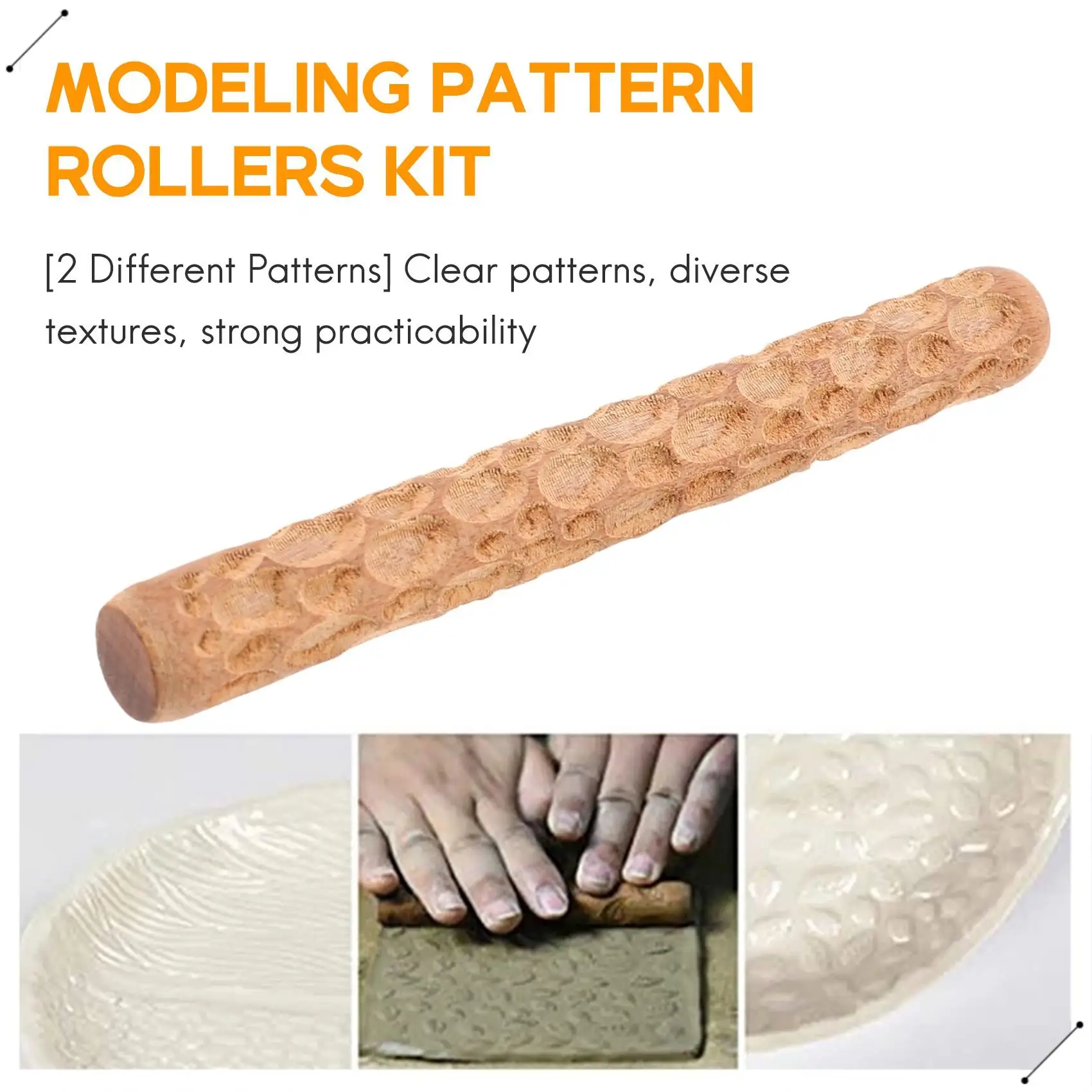 2Pcs Clay Modeling Pattern Rollers, Cobblestone Wood Grain Pattern Clay Rolling Pin Textured Hand Roller Pottery Tools