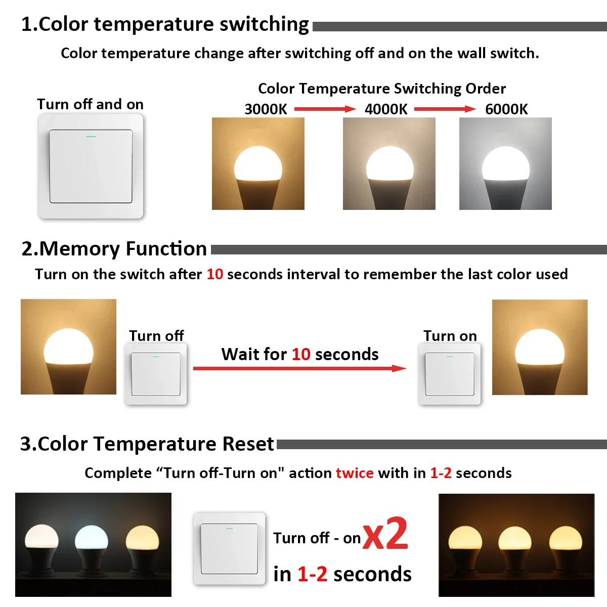 5pcs E27 B22 Bulb Wall Switch CCT 3 Color Temperature AC220V 110V 18W 24W Memory Function Color Temp Reset Light for Bedroom